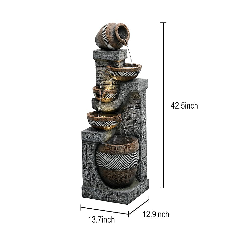 SunJet 5-Tiers Indoor/Outdoor Garden Water Fountain - 42.5inches Modern Floor-Standing Cascading Water Feature - Suitable for Deck, Patio, Porch, Yard Decor