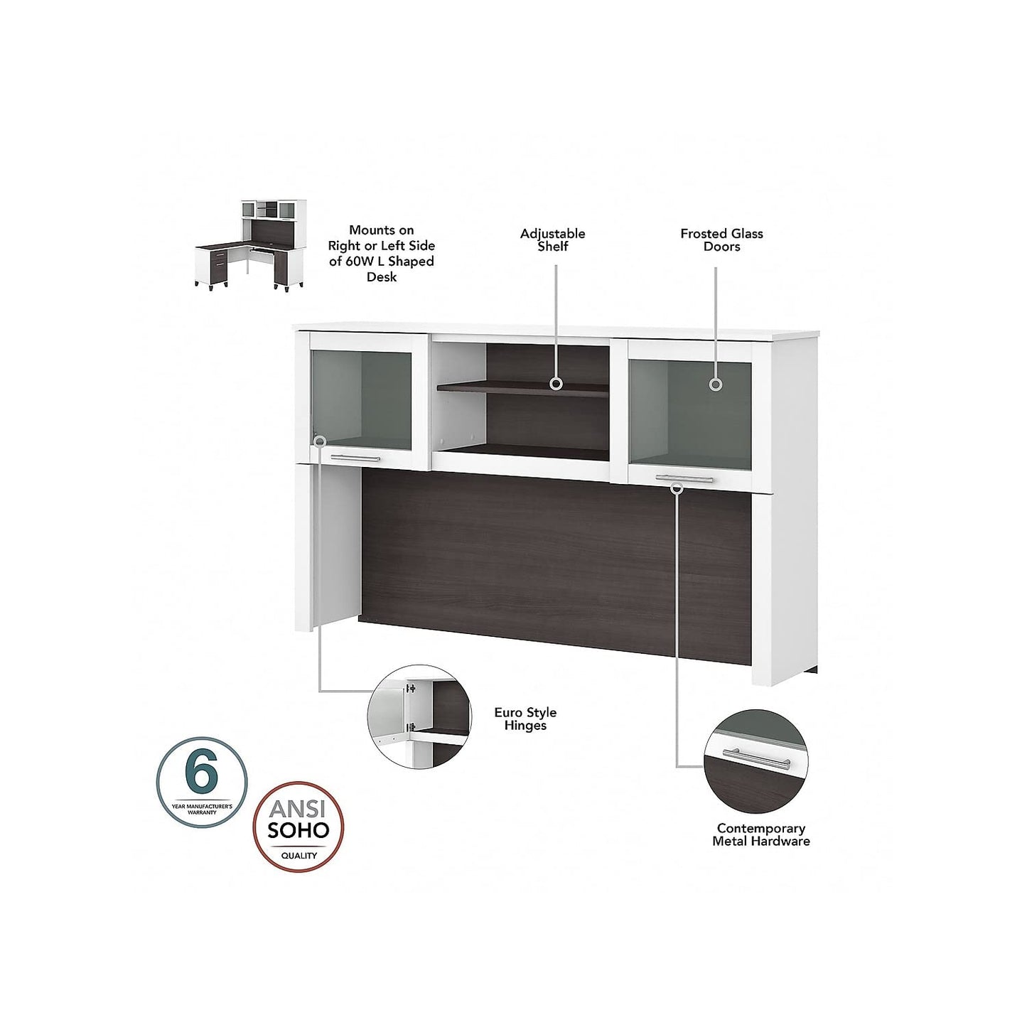 Bush Furniture Somerset 60W Desk Hutch in White and Storm Gray