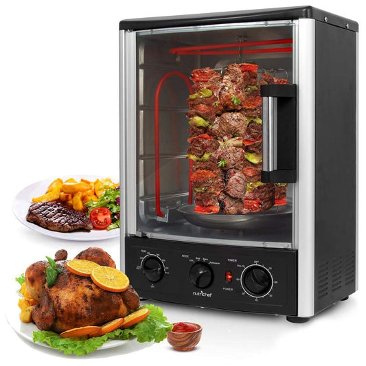 Nutrichef Vertical Countertop Oven with Rotisserie, Bake, Broil, & Kebab Rack Functions - Adjustable Settings - 2 Shelves - 1500W - Thanksgiving Turkey - Includes Grill, Kebab skewer racks & bake pan