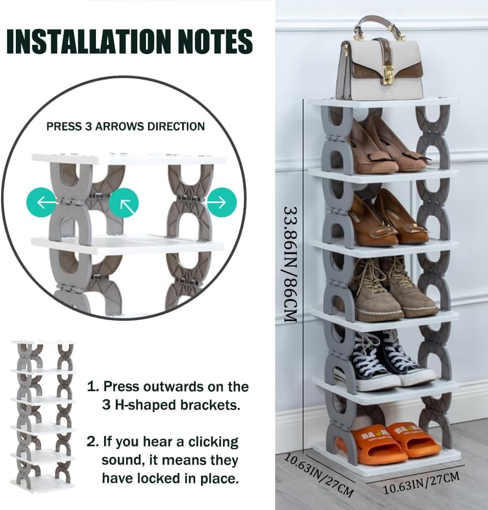 6-Tier Simple Vertical Shoe Organizer, Foldable Shoe Rack without Assembly, Flexible Narrow Shoe Rack K-Shape Collapsible Shoe Tower, Corner Shoe Rack, Easy Assembly and Stable in Structure