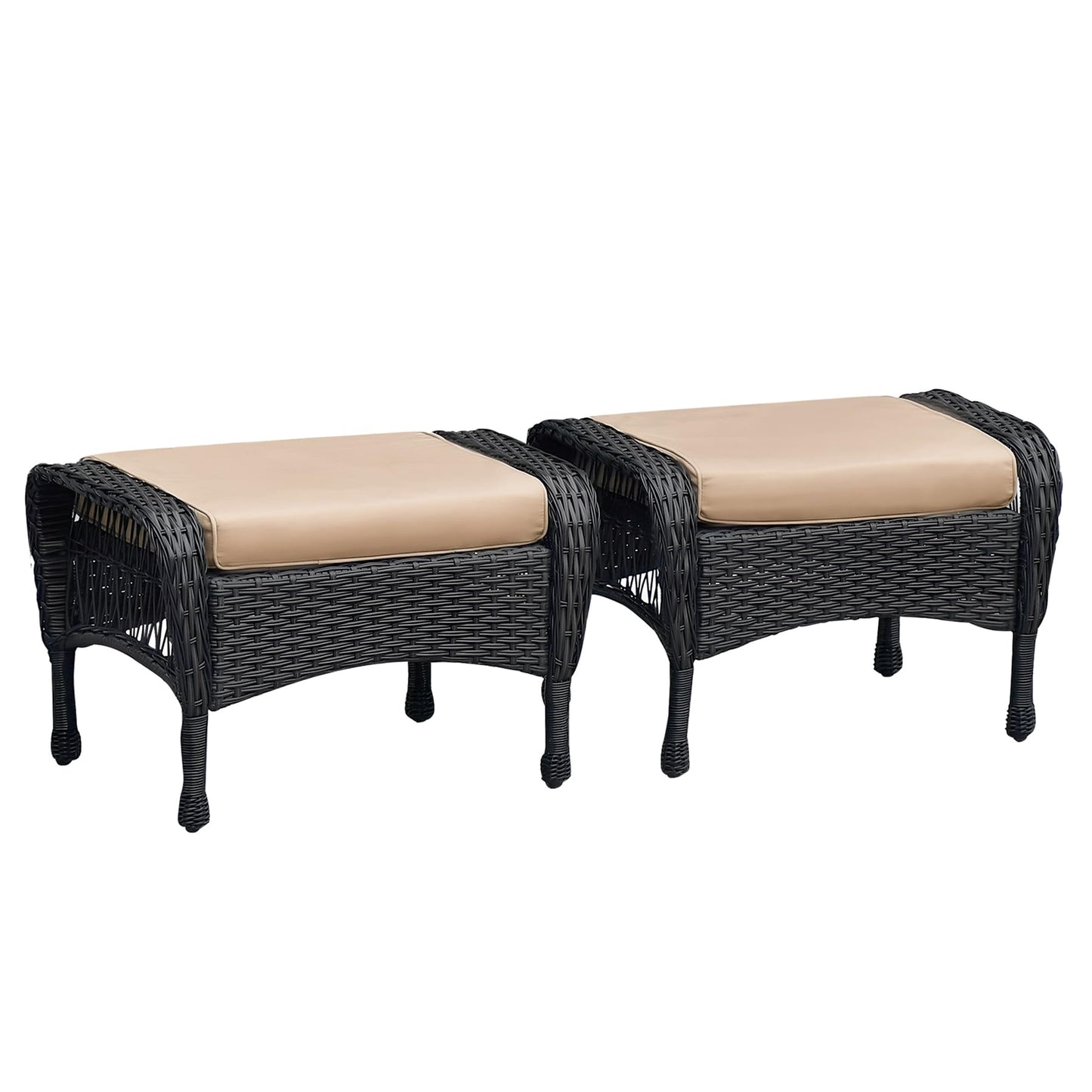 Set of 2 Wicker Ottomans, Outdoor Wicker Footstool with Soft Zippered Cushions, 3-in-1 Function Footrest Seat & Side Table for Patio, Backyard, Balcony, Poolside (Khaki)