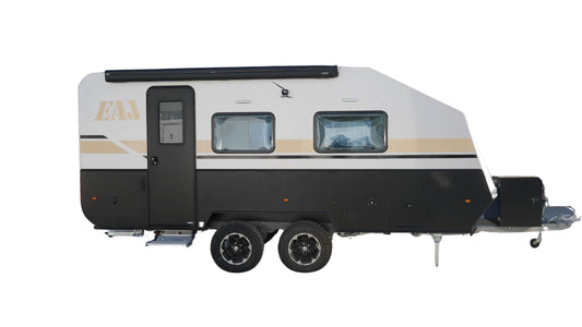 Offroad Caravans Trailer with Bedroom/Living Room/Bathroom and Kitchen.White and Black Color.