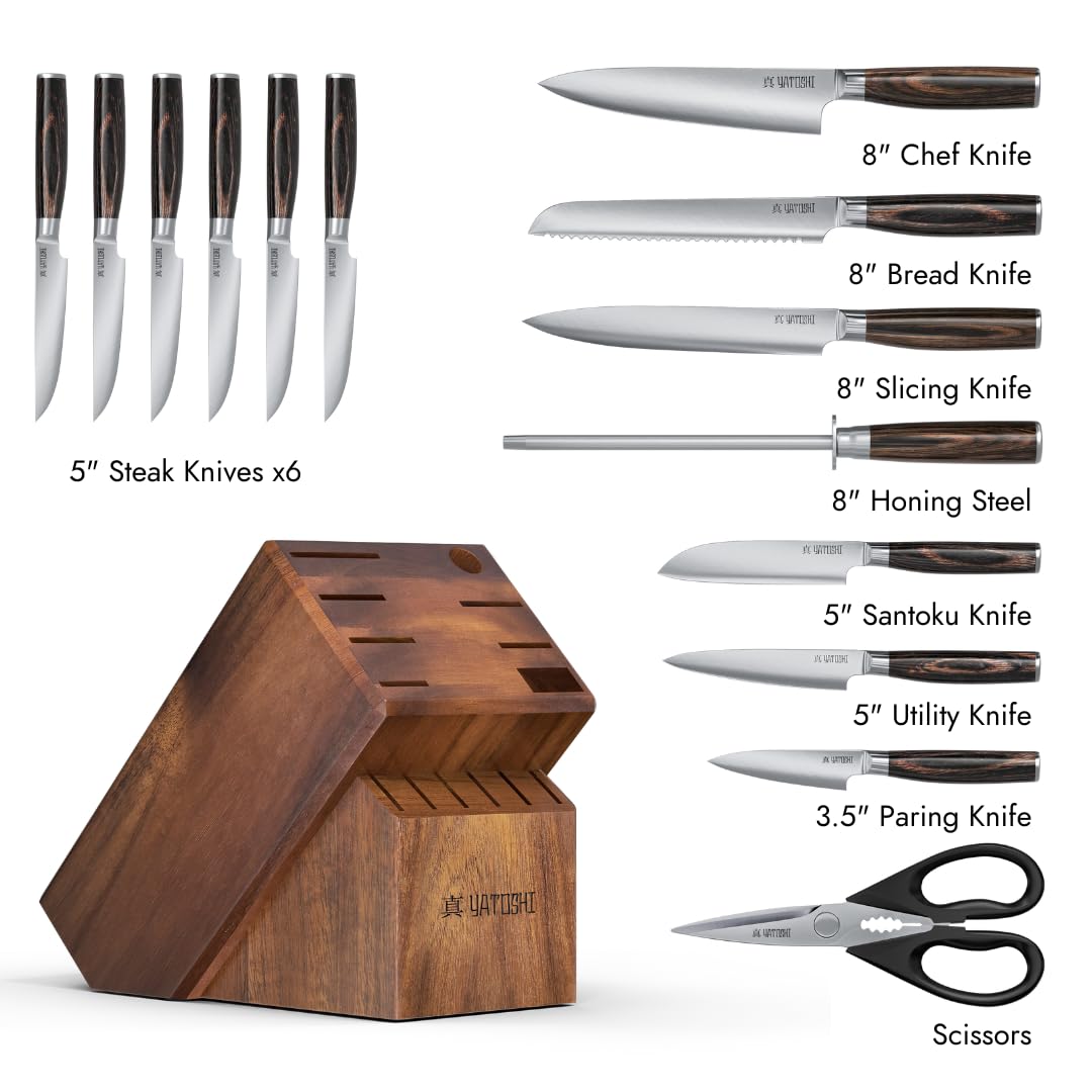 Yatoshi 15 Piece Knife Block Set - Pro Kitchen Knife Set Ultra Sharp High Carbon Stainless Steel with Ergonomic Handle