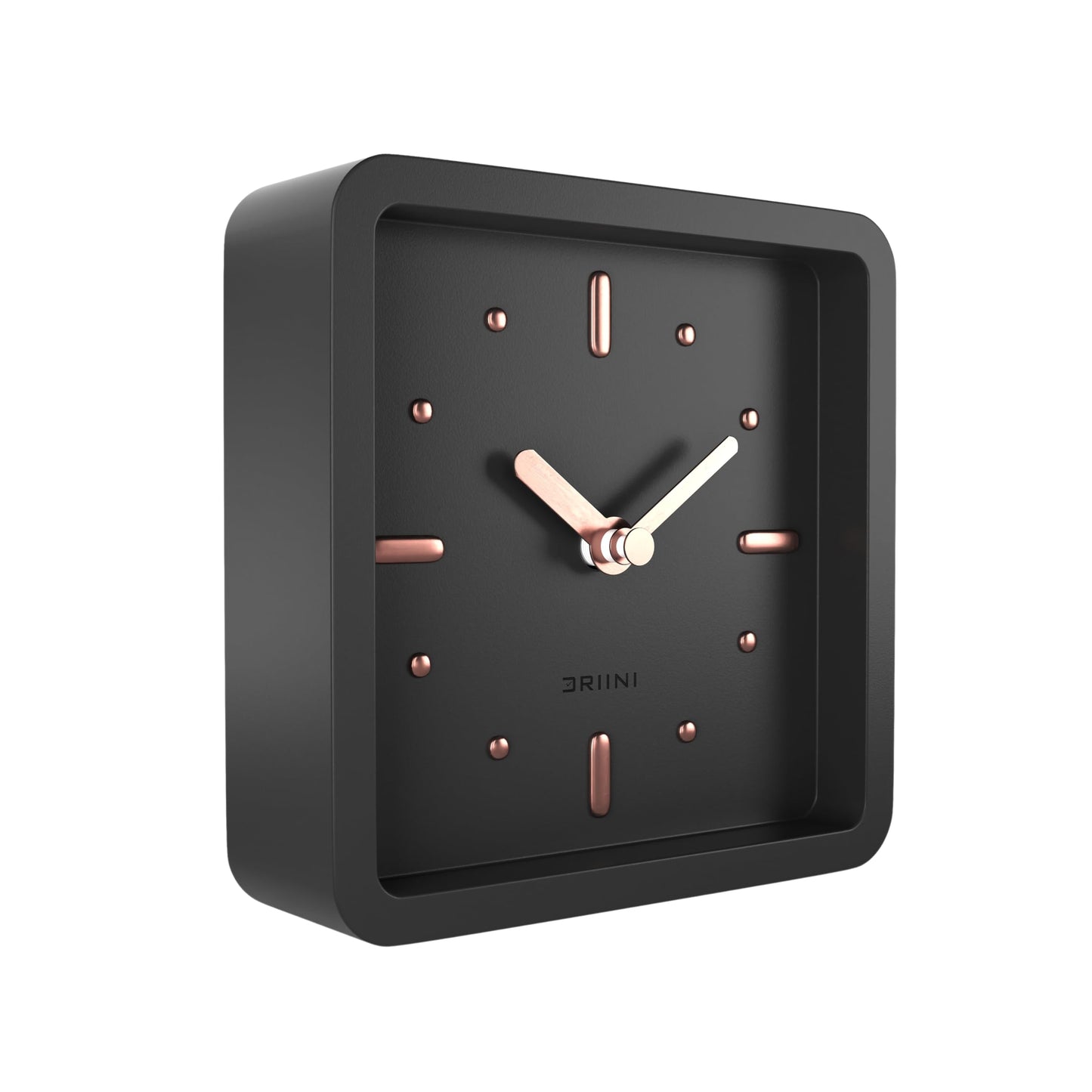 Driini Modern Mid Century Desk & Shelf Clock (Black Rose Gold) - Battery Operated with Silent, Analog Movement – Small Tabletop Clocks for Office – Perfect for Mantle, End Table, Desktop or Nightstand