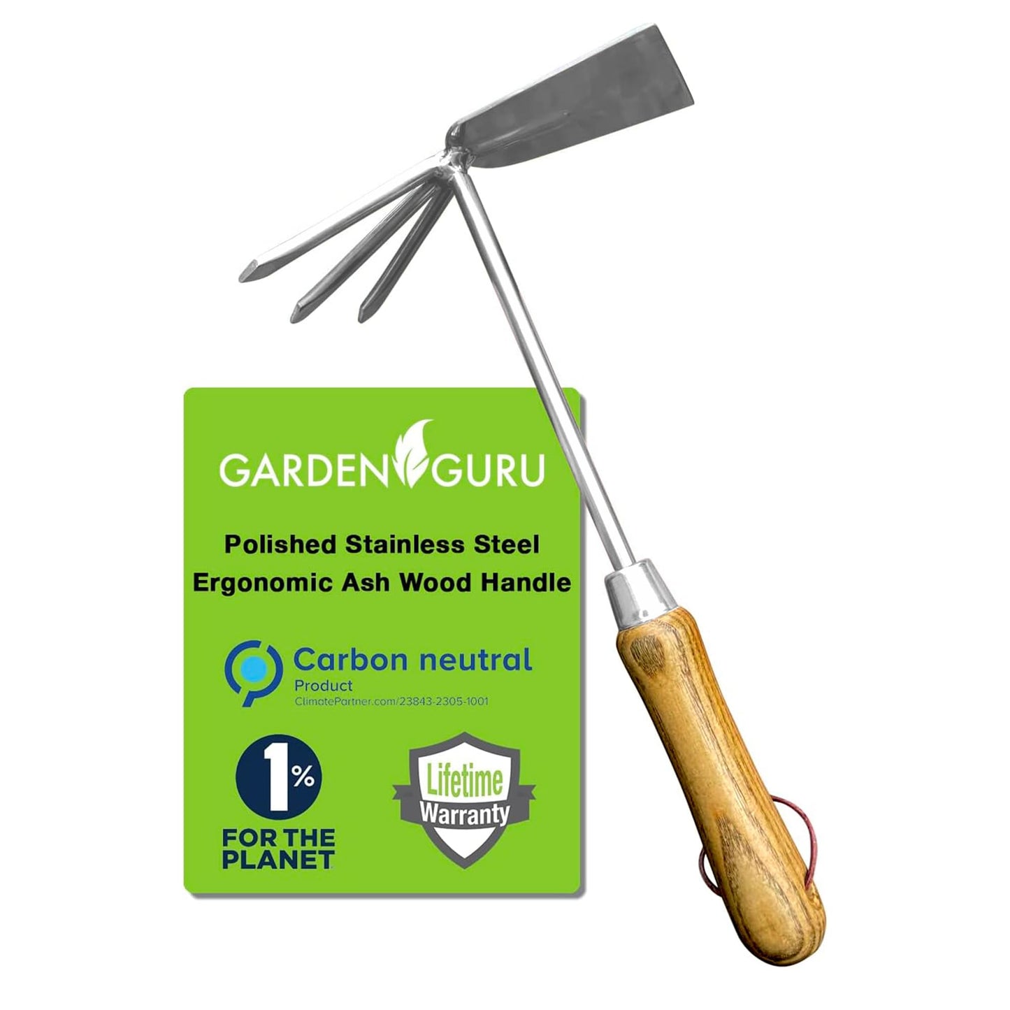 Garden Guru Eco Hand Cultivator Hoe Tiller Tool - 100% Recycled Stainless Steel - Rust Resistant - FSC Certified Wood Ergonomic Handle -Great for Gardening Cultivating Loosening Weeding