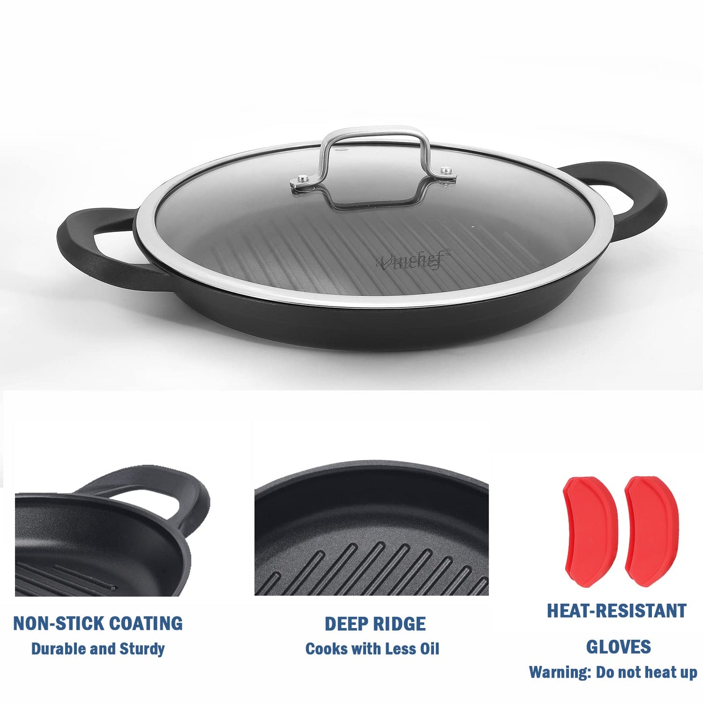 Vinchef Nonstick Grill Pan for Stove tops | 13.0" Skillet, Indoor Induction Cast-aluminum Grill Pan with Lid and Anti-Scalding Tools, GRANITEC Nonstick Coating, Dishwasher & Oven Safe