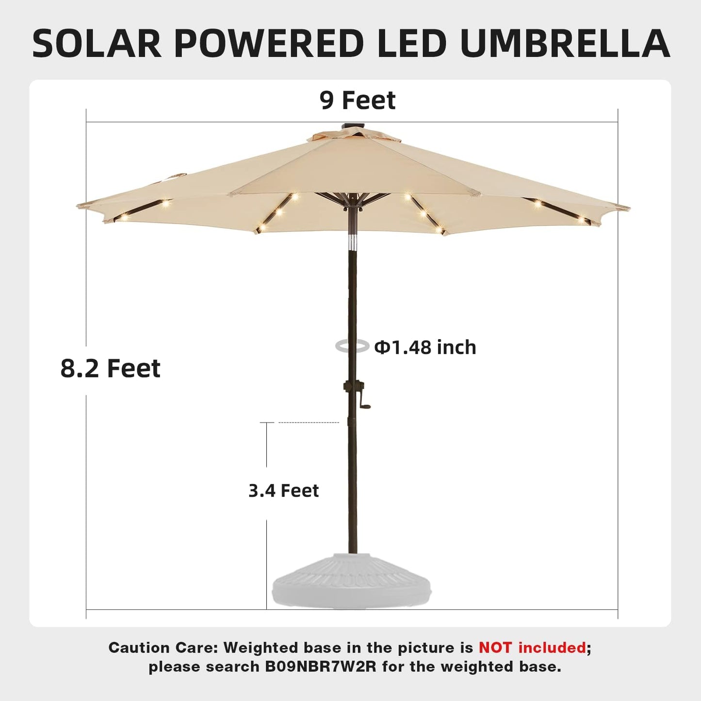 wikiwiki 9 FT Solar Led Patio Umbrella, Outdoor Table Market Umbrella for Deck, Pool, Garden w/Tilt, Crank, 32 LED Lights, Beige