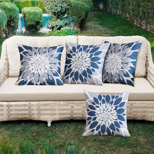 Qahing Pack of 4 Outdoor Waterproof Pillow Covers 18x18 Decorative Outdoor Throw Pillows Garden Square Cushion Cases for Patio Furniture, Couch, Tent Sunbrella, Bench, Blue Grey