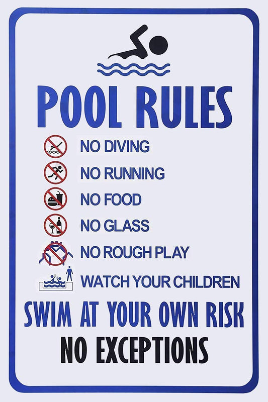 Wall Decor Personalized Swimming Pool Rules with Their own Risk Swimming Warning Metal Sign, Swimming Pool, Water Park Safety tin Sign 12x8 Vintage Signs Metal Plates Funny Art