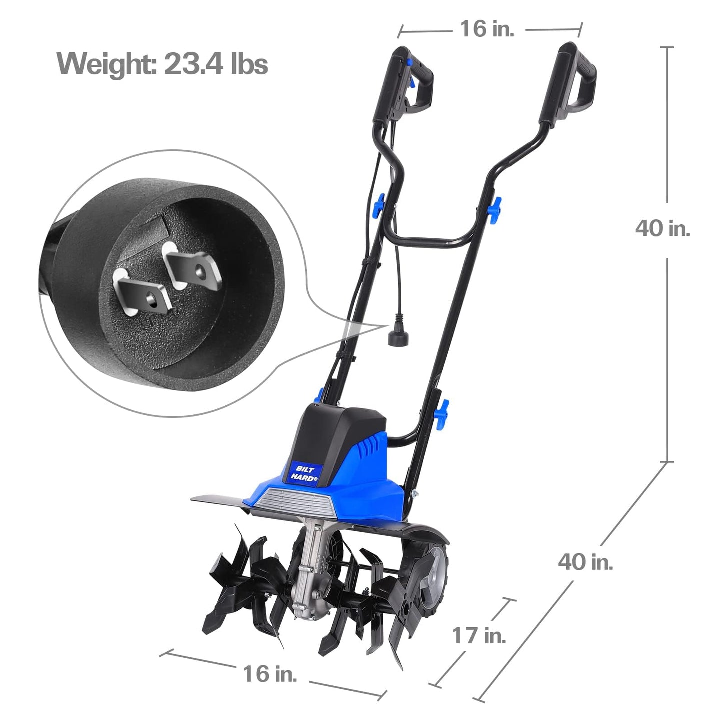 BILT HARD Tiller Cultivator 16 inch, 13.5 Amp 6 Steel Tines Tillers for Gardening Foldable, Electric Garden Rototiller with Adjustable Wheels