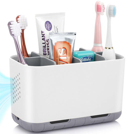 Boperzi Toothbrush and Toothpaste Holder Drainage for Bathroom Countertop with Adjustable Dividers, Large Toothpaste Caddy Organizer Storage Rustic Decor Set Anti-Slip for Shower,Family,Kids Gray