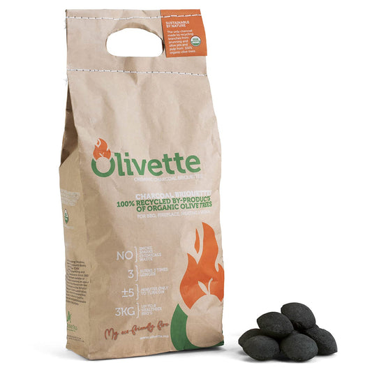 Organic Charcoal Briquettes by Olivette, Reusable Charcoal for Grilling, USDA Certified, Recycled Olive Tree Byproduct, Ready to Light BBQ Charcoal, 6.6 lb. Bag Equal to 20 lb. Regular Charcoal