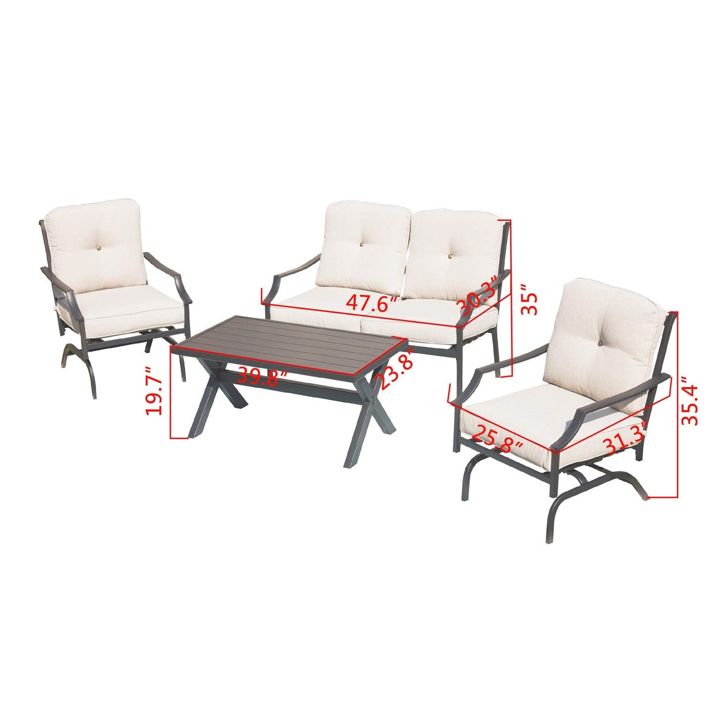 PatioFestival Patio Conversation Set Metal Outdoor Furniture Sets All Weather Cushioned Loveseat & 2 Rocking Chairs & 1 Coffee Table for Poolside Lawn Yard 4pcs