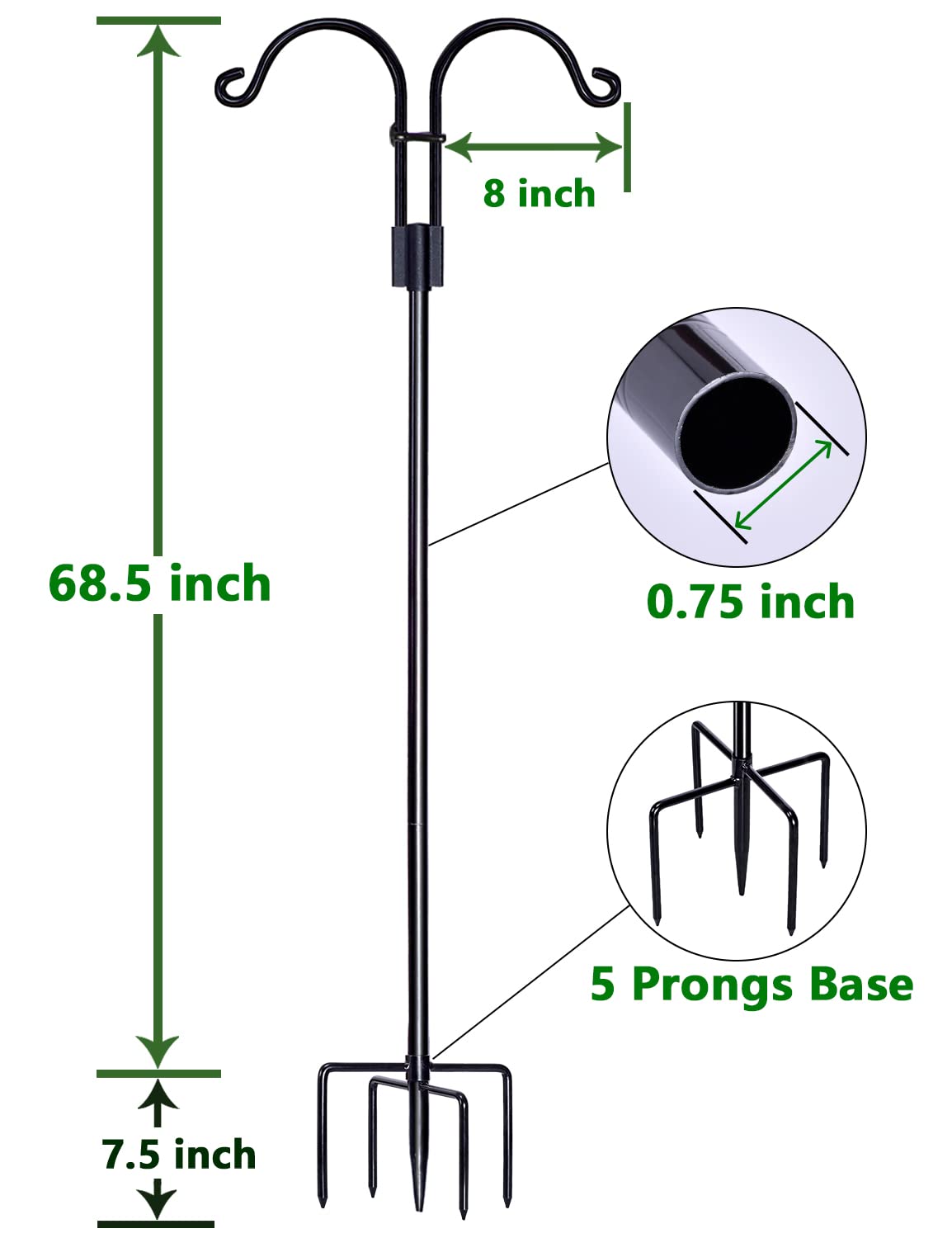 STAUKOK Double Shepherds Hooks for Outdoor, 2 Pack 76 Inch Bird Feeder Pole with 5 Prongs Base, Heavy Duty Garden Hook for Hanging Plant, Lantern, Hummingbird Feeder