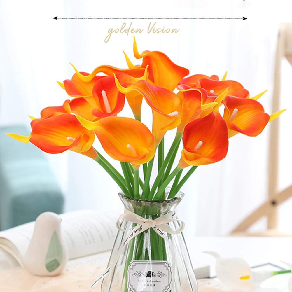 30pcs Calla Lily Artificial Flowers, Real Touch Fake Flowers Wedding Bouquet Home Party Decor Fall Floral Home Dining Room Office Decoration(Orange, 14" Tall).