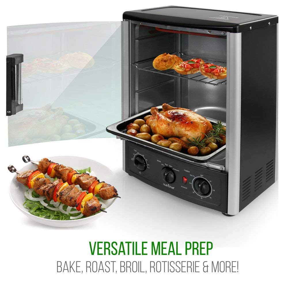 Nutrichef Vertical Countertop Oven with Rotisserie, Bake, Broil, & Kebab Rack Functions - Adjustable Settings - 2 Shelves - 1500W - Thanksgiving Turkey - Includes Grill, Kebab skewer racks & bake pan