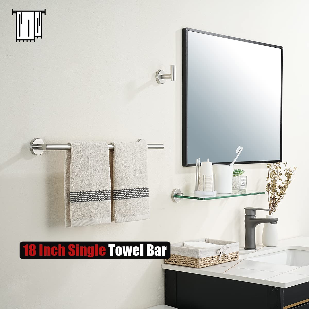 JQK Bath Towel Bar, 18 Inch 304 Stainless Steel Thicken 0.8mm Towel Rack Bathroom, Towel Holder Brushed Finished Wall Mount, Total Length 20.47 Inch TB110L18-BN