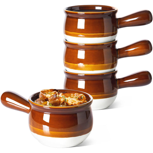 LE TAUCI French Onion Soup Bowls, 16 Ounces Ceramic Soup Bowls with Handles for Soup, Cereal, Chilli, Beef Stew, Soup Crocks Oven Safe and Stackable, Set of 4