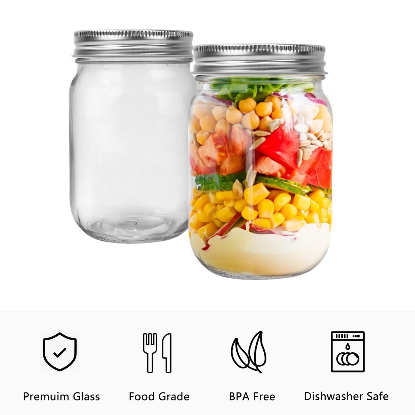 20 Pack Glass Mason Jars, 12 oz Clear Glass Jars with Regular Mouth and Silver Metal lids, Canning Jars for Food Storage, Vegetables and Dry Food, Includes 30 Black Labels