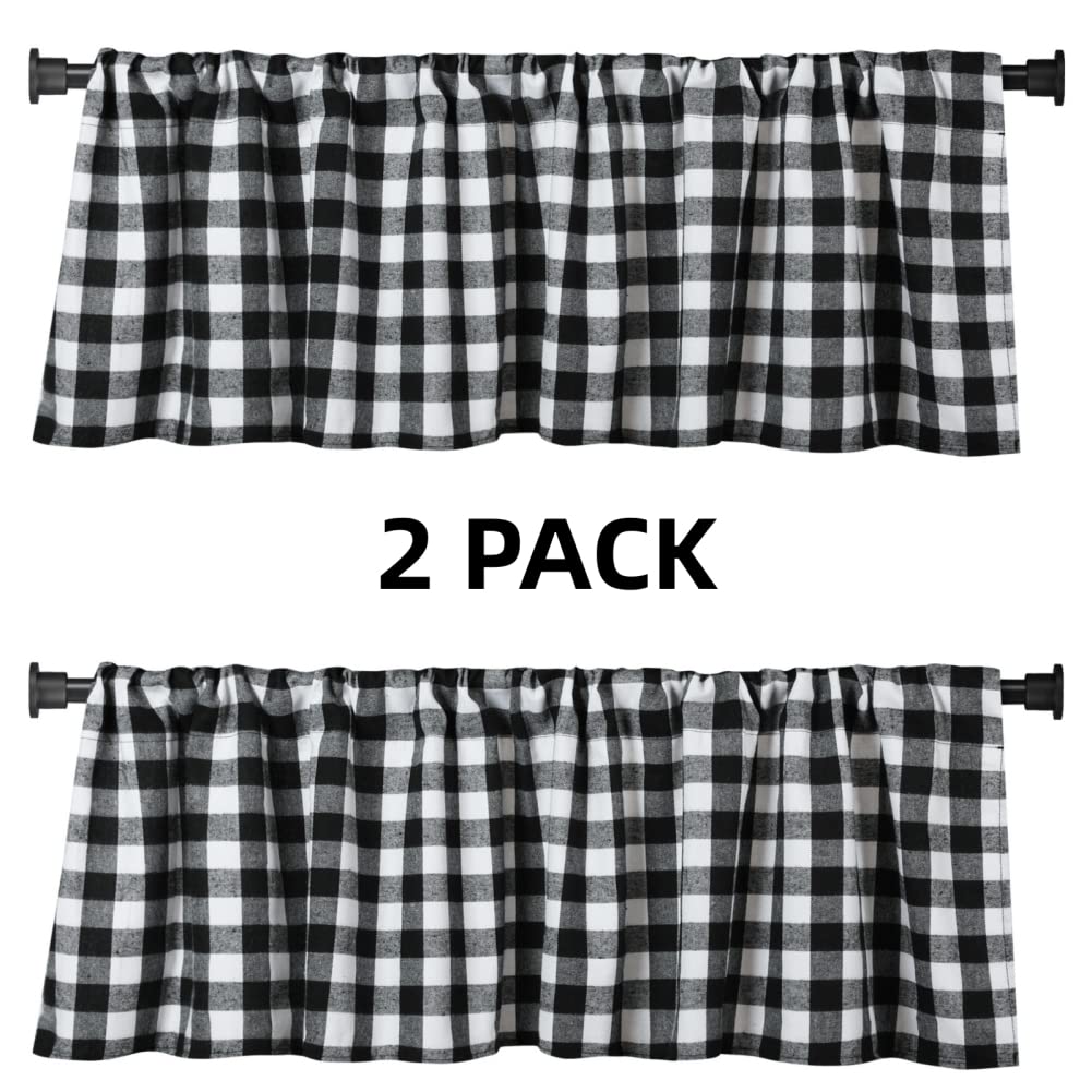 2 Pack Buffalo Check Plaid Window Valances White and Black Farmhouse Design Window Treatment Decor Curtains Rod Pocket Valances for Kitchen/Living Room 16" x 56"