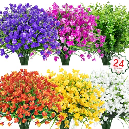 Ouddy Decor 24 Bundles Artificial Flowers for Outdoors Decoration UV Resistant Fake Flowers Plants Greenery Stems Faux Plastic Shrubs for Garden Patio Porch Window Box Home Indoor Outdoor Decor