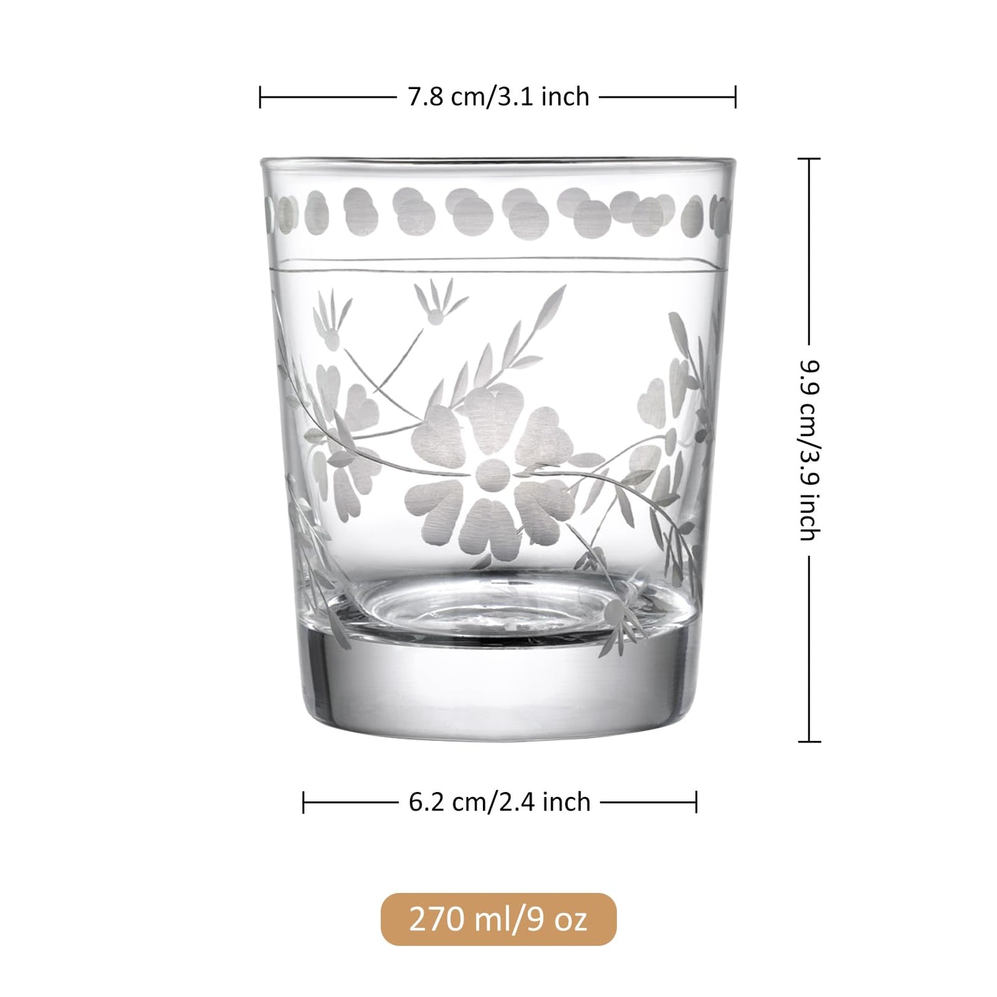 Joeyan Hand Blown Etched Drinking Glasses,Clear Water Glass Cups with Floral Pattern,Aesthetic Tumblers Glassware Set for Beverages Juice Cocktail Whiskey,9 oz,Set of 4,Dishwasher Safe