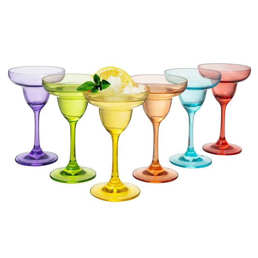 Wine Glasses Set of 6 - Wine Margarita Cocktail Glasses 7.4 oz - Multi Colored Set of 6 - Classic Cocktail Drinking Glasses &Frozen Drinks, Luxury Hand Blown Champagne Glass Cinco de Mayo Large Party