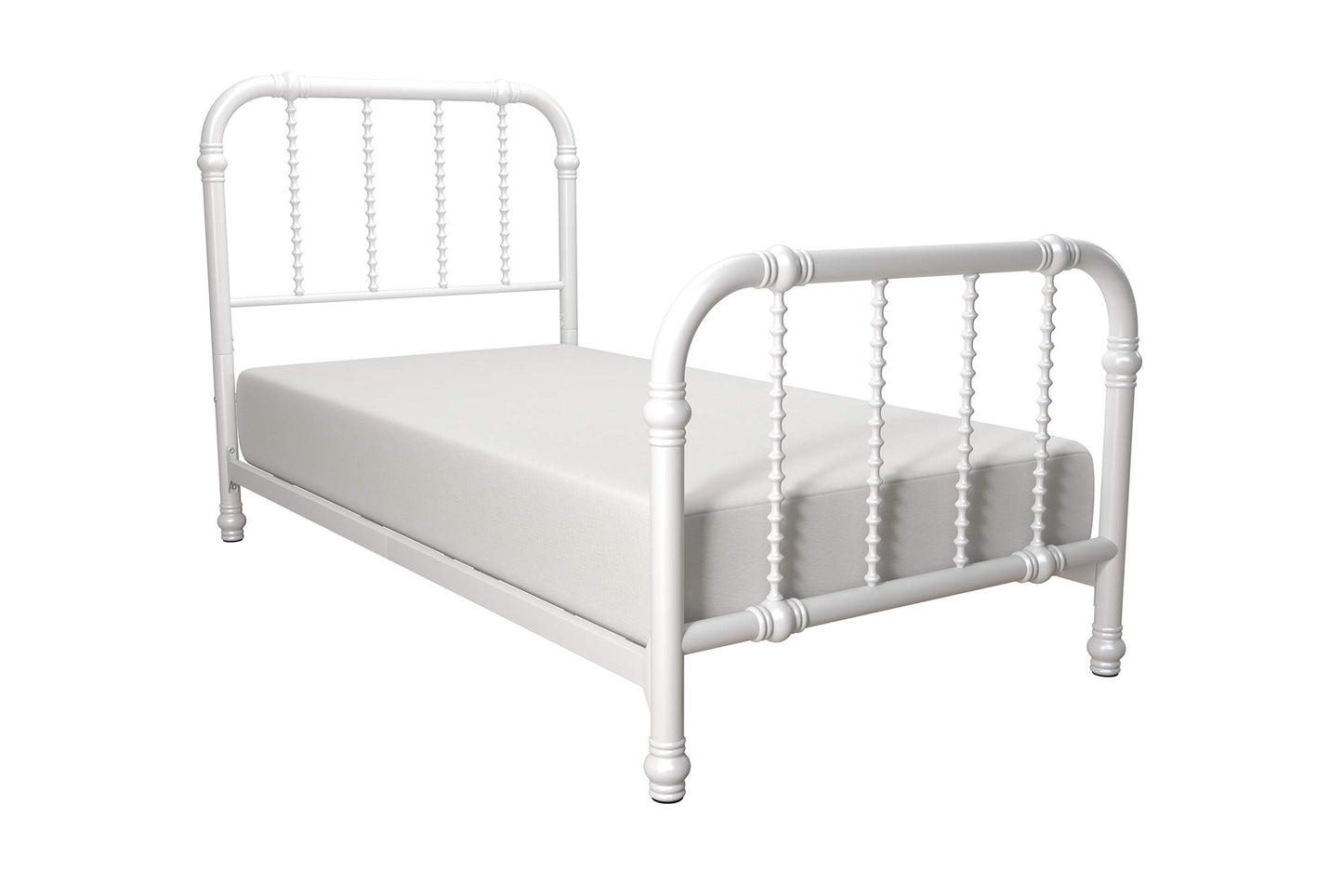 DHP Jenny Lind Kids Metal Bed Frame with Country Chic Headboard and Footboard, Underbed Storage Space for Toys, Twin, White