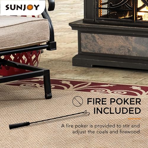 Sunjoy Outdoor Fireplace, Stone Look Tile Patio Wood Burning Steel Fireplace with Chimney, Spark Screen, Fire Poker, Rain Cover, and Removable Grate, Copper with Gray Tile