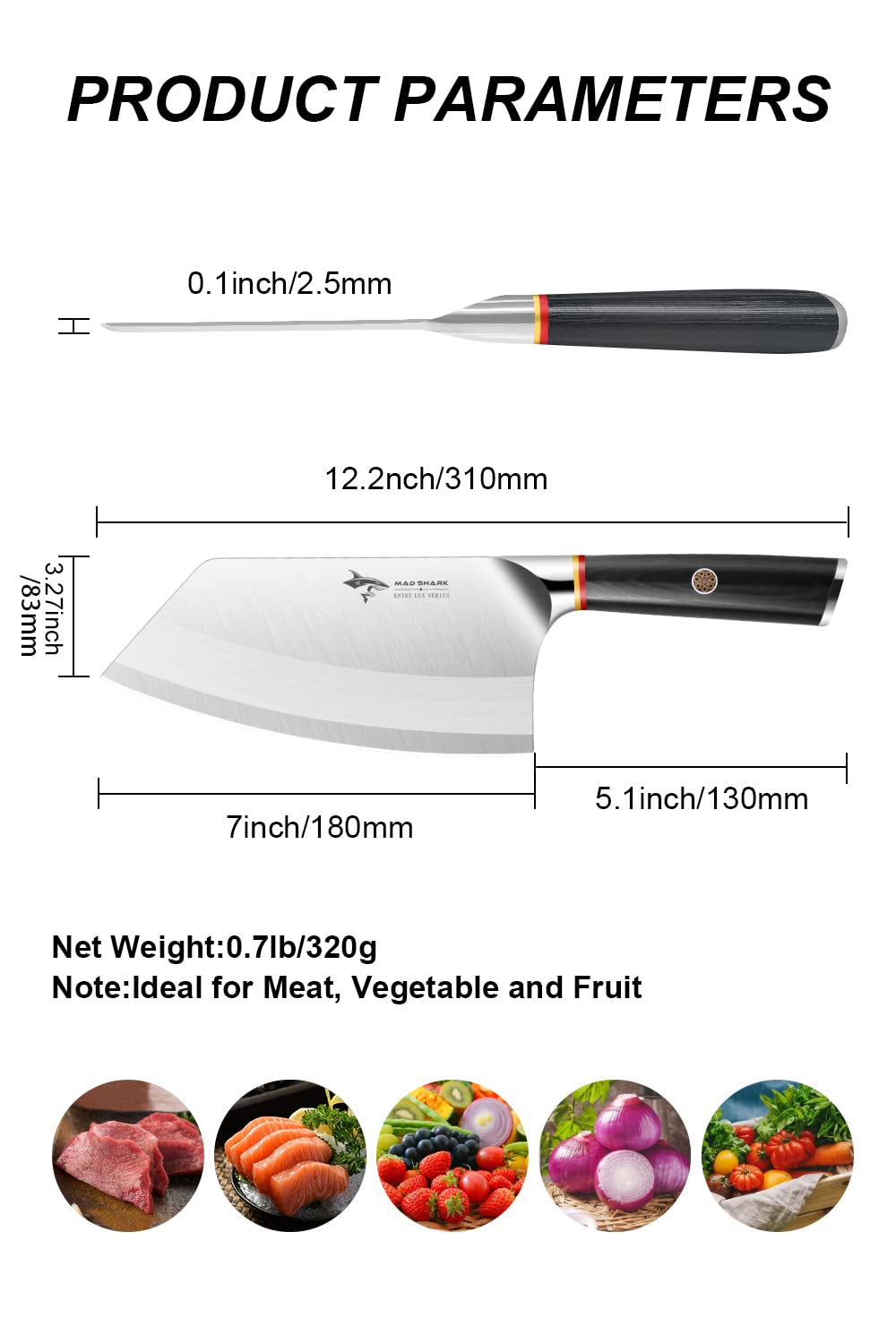 MAD SHARK Cleaver Knife 7 Inch for Vegetable and Boneless Meat, Razor Sharp Chinese Chef Knife