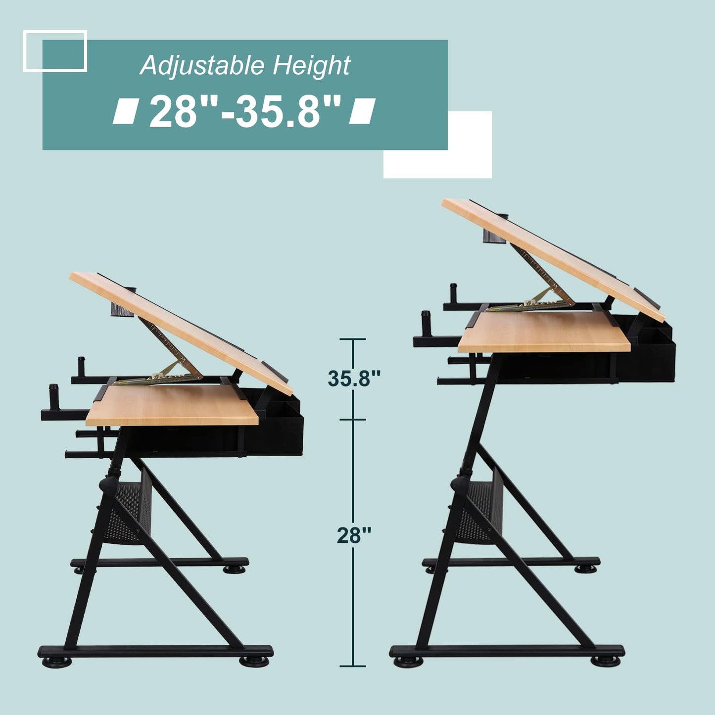 ZENY Drafting Table Art Desk Drawing Table Height Adjustable Artist Table Tilted Tabletop w/Drafting Stool and Storage Drawer for Reading, Writing, Crafting, Painting Art