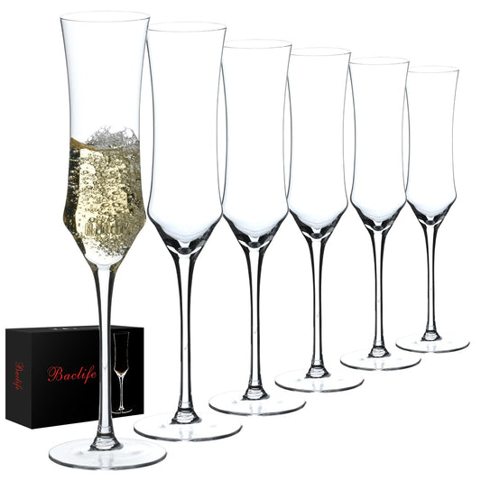 BACLIFE Crystal Champagne Flutes Set of 6-7 oz Hand Blown Champagne Glasses With Long Stem - Elegant Sparkling Wine Stemware - Unique Gift for Birthday,Wedding, Housewarming