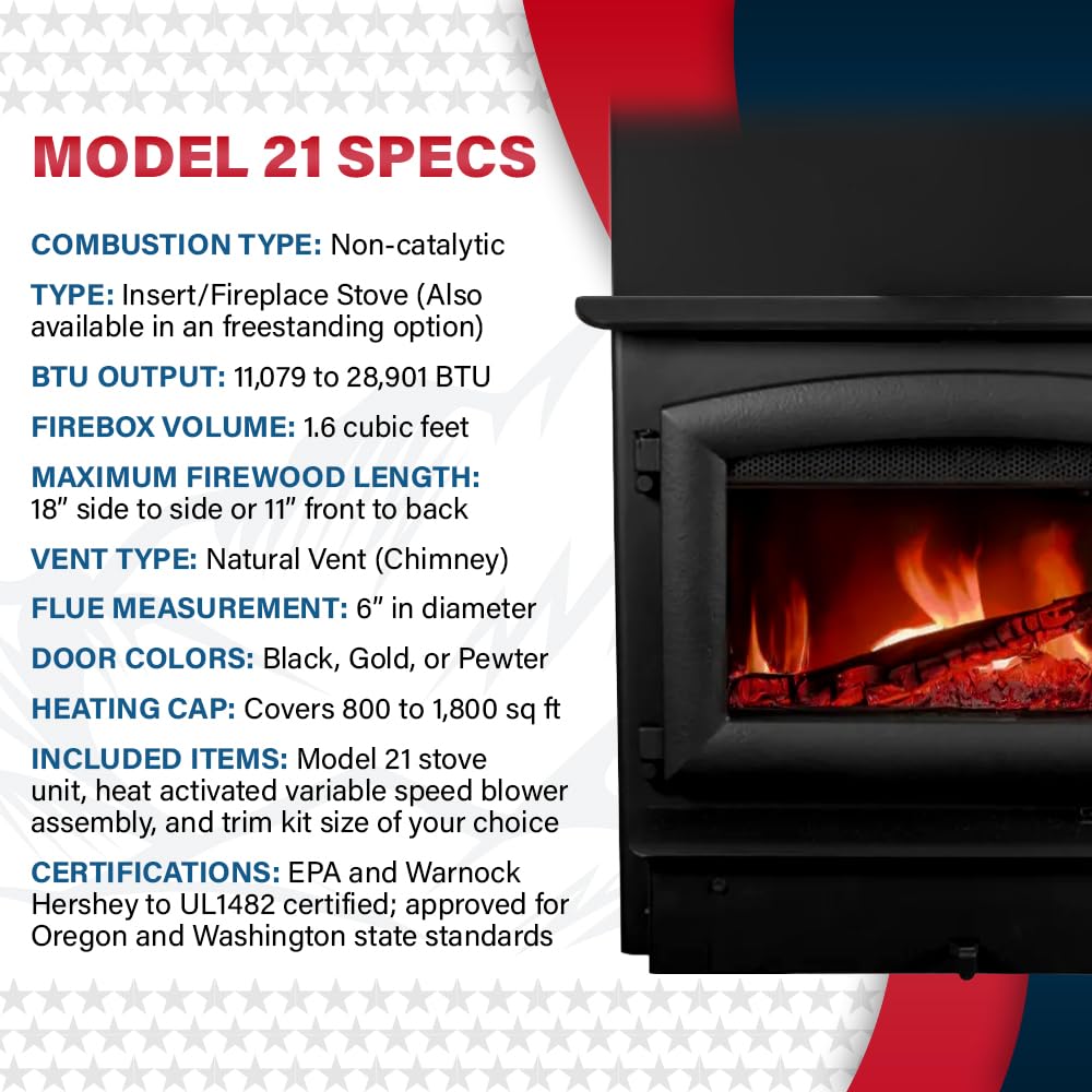 Buck Stove Fireplace Insert Model 21 | Non-Catalytic, 28,901 BTUs (Covers 1,800 Square Feet) | Wood Burning with Heat Activated Blower | Gold Door with 9" Faceplate Trim Kit