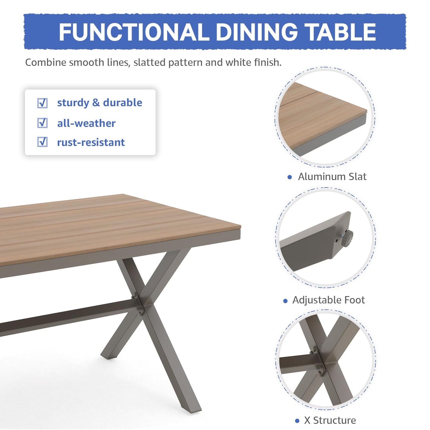 Soleil Jardin Aluminum Outdoor Dining Table for 6 Person with X-Shape Legs & Adjustable Feet, Large Rectangle Patio Table w/Faux Wood Grain for Garden Backyard Parties, Teak Wood Color