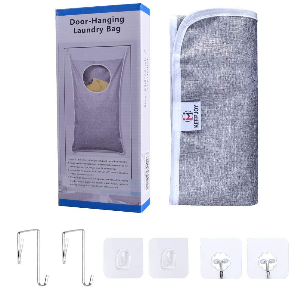 KEEPJOY Hanging Laundry Hamper Bag with Free Adjustable Stainless Steel Door 2 PCs Suction Cup Hooks, Best Choice for Holding Dirty Clothes and Saving Space, Grey