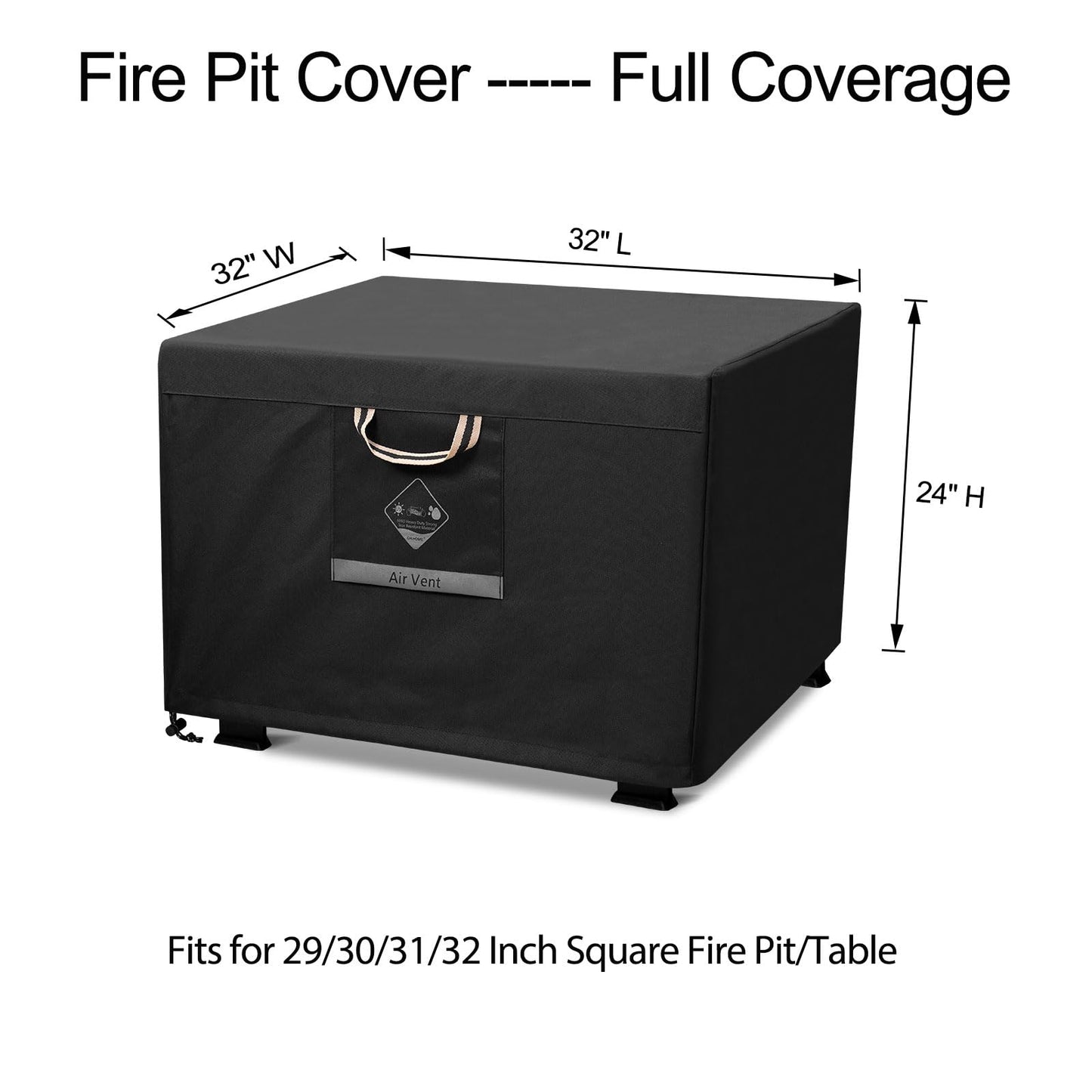 QH.HOME Fire Pit Cover Square Heavy Duty Fabric 100% Waterproof, Fits Outdoor for 29”,30 inch,31 inch,32 inch Fire Pit/Table Cover,Gas Fire Pit Cover (32”L x 32”W x 24”H,Black)