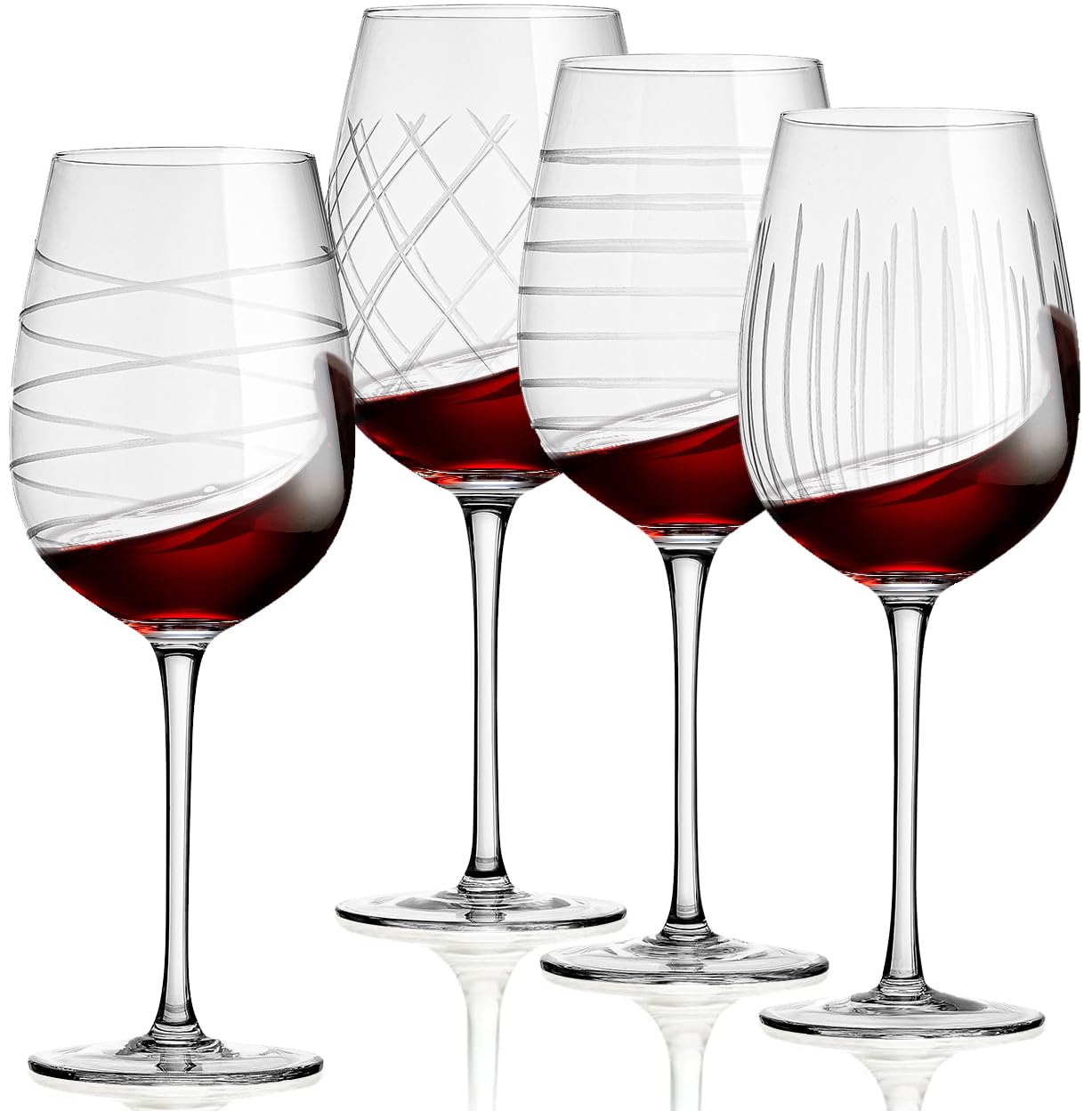 Cordial Glasses Set of 4-16oz. Clear Etched Red and White Unique Long Stem Wine Glass Cups for Alcohol Party, Wedding, Home