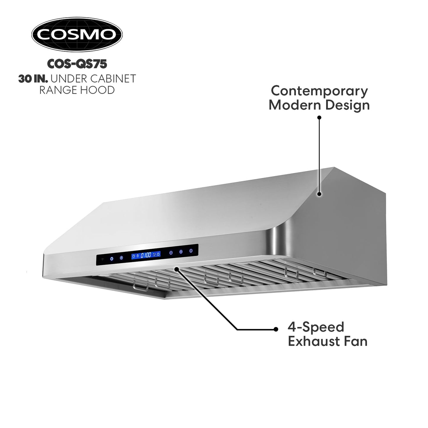 COSMO COS-QS75 30 in. Under Cabinet Range Hood with 500 CFM, Permanent Filters, LED Lights, Convertible from Ducted to Ductless (Kit Not Included) in Stainless Steel
