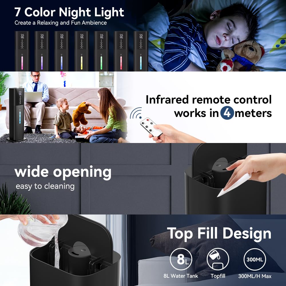 Humidifiers Large Room Bedroom with 7 Colors Light, 2.1Gal(8L) 3 Speed Quiet Ultrasonic Cool Mist Humidifier with 360° Nozzle, Humidity Setting, Timer,Aroma Box for Home Plant Baby Yoga Sleep (Black)