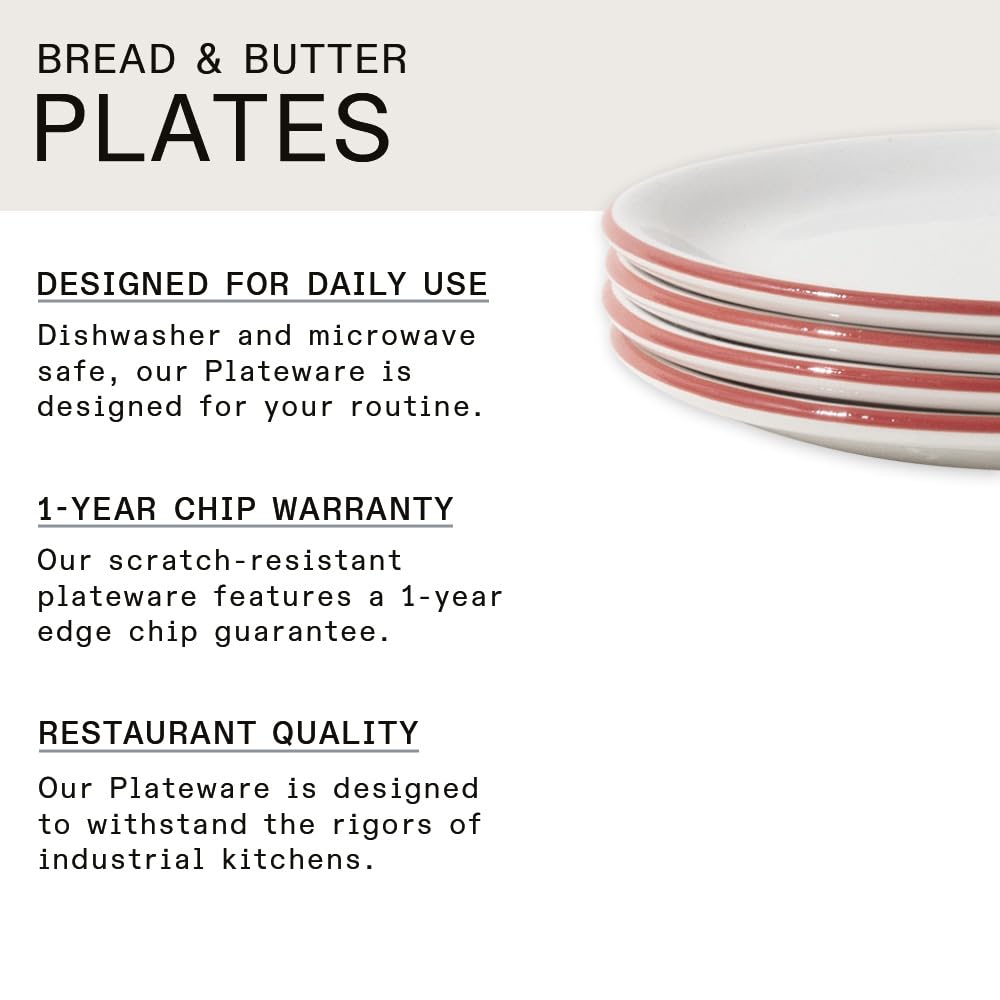 Made In Cookware - Set of 4 - Bread and Butter Plates - White With Red Rim - Porcelain - Crafted in England