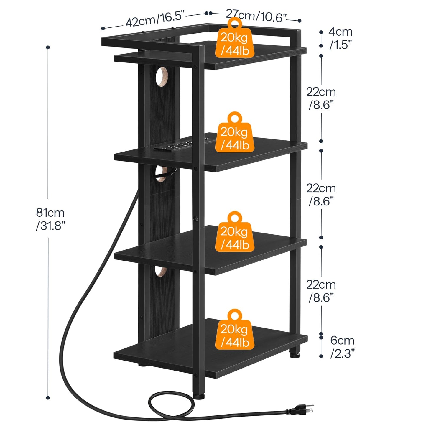 HOOBRO 4-Tier AV Media Stand, Media Console with Charging Station and LED Light Strip, Entertainment Device Stand, for Switch, Game Console, Record Player, Media Accessories, Black BB38UDCJ01