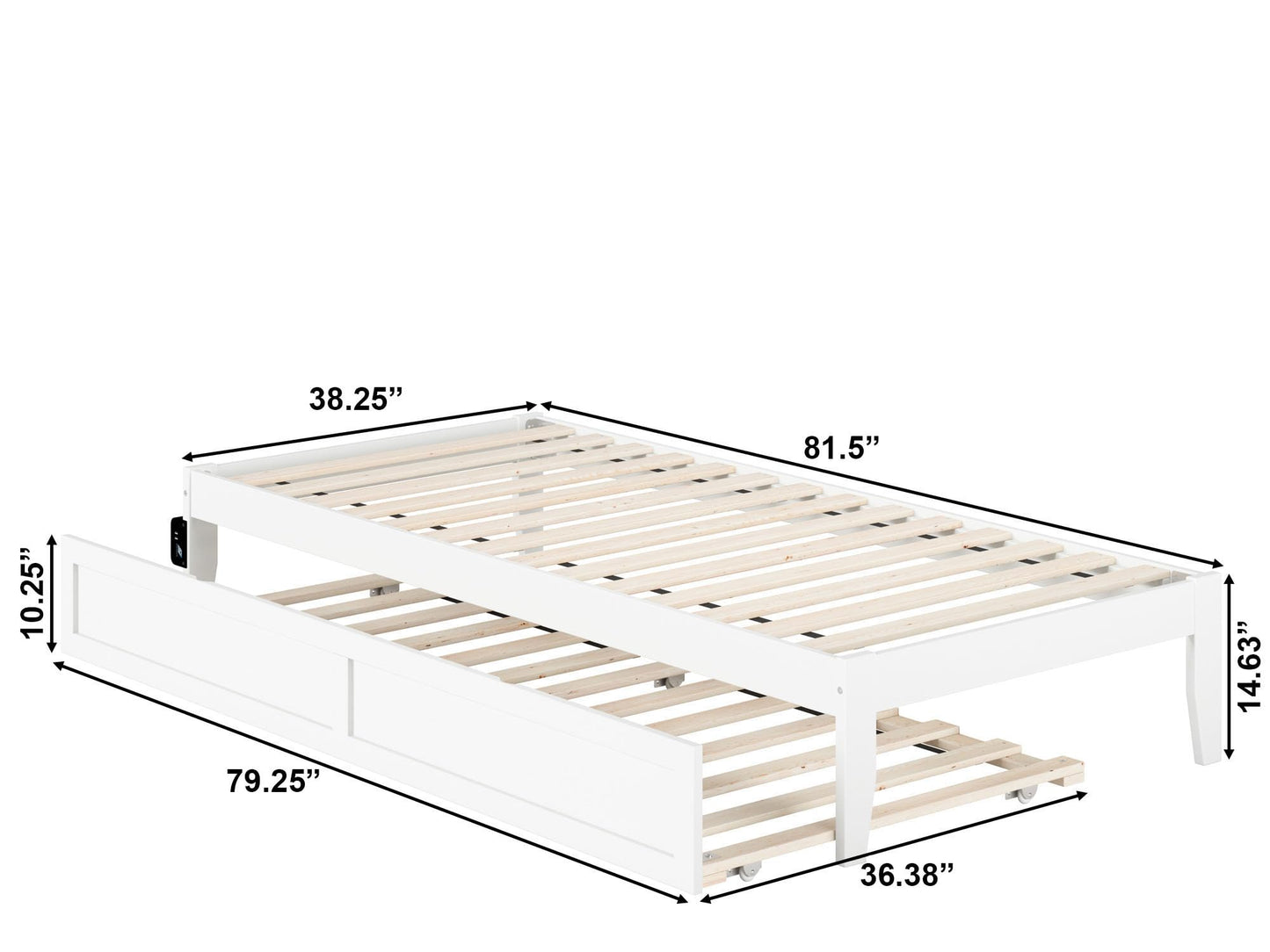 AFI Colorado Twin XL Size Platform Bed with Twin XL Trundle and Charging Station in White