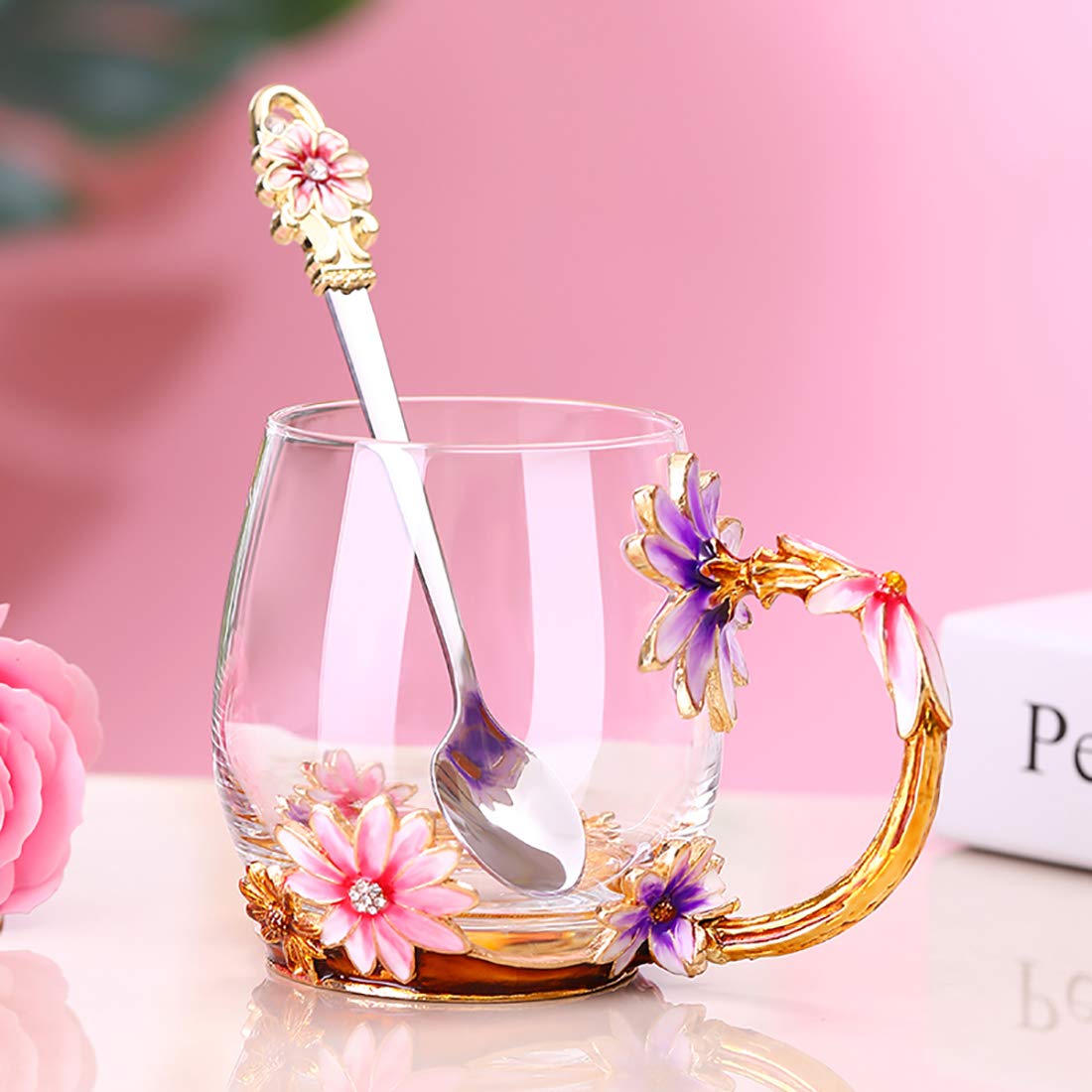 evecase daisy Flower Glass Mugs Tea Cup with Steel Spoon,Tea Lovers Gifts for Women,Wife,Mom,Female,Friends,Birthday,Mothers Day, valentines day,Christmas