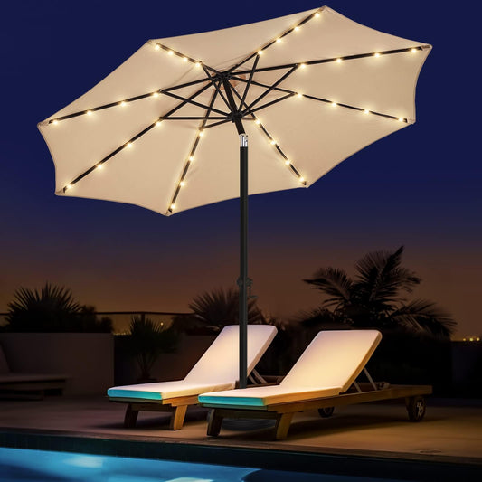 wikiwiki 9 FT Solar Led Patio Umbrella, Outdoor Table Market Umbrella for Deck, Pool, Garden w/Tilt, Crank, 32 LED Lights, Beige