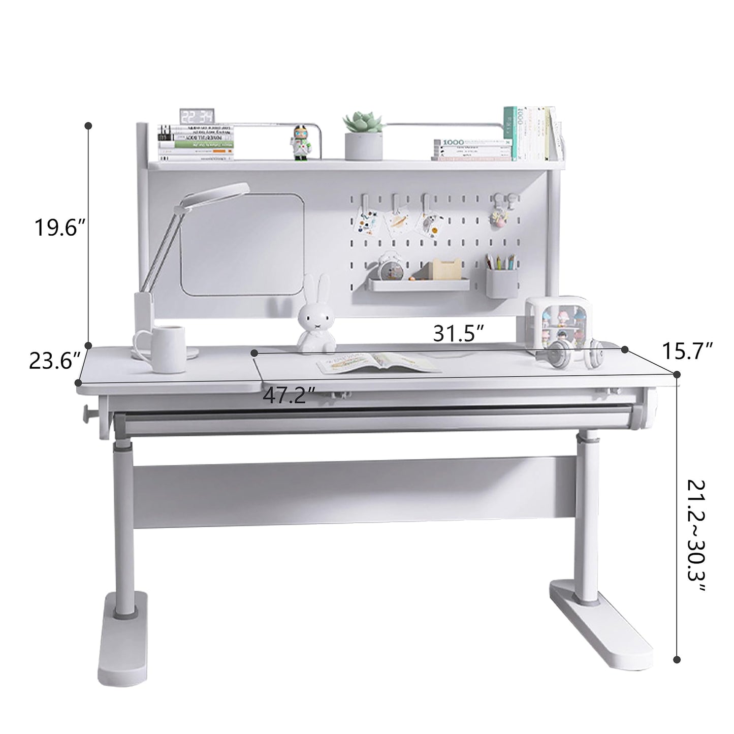 FCD Kids Desk, Wooden Adjustable Height Ergonomic Study Desk with Tiltable Desktop, Pull Out Storage Drawer for Kids 5-18 (White, Bookshelf Not Included)