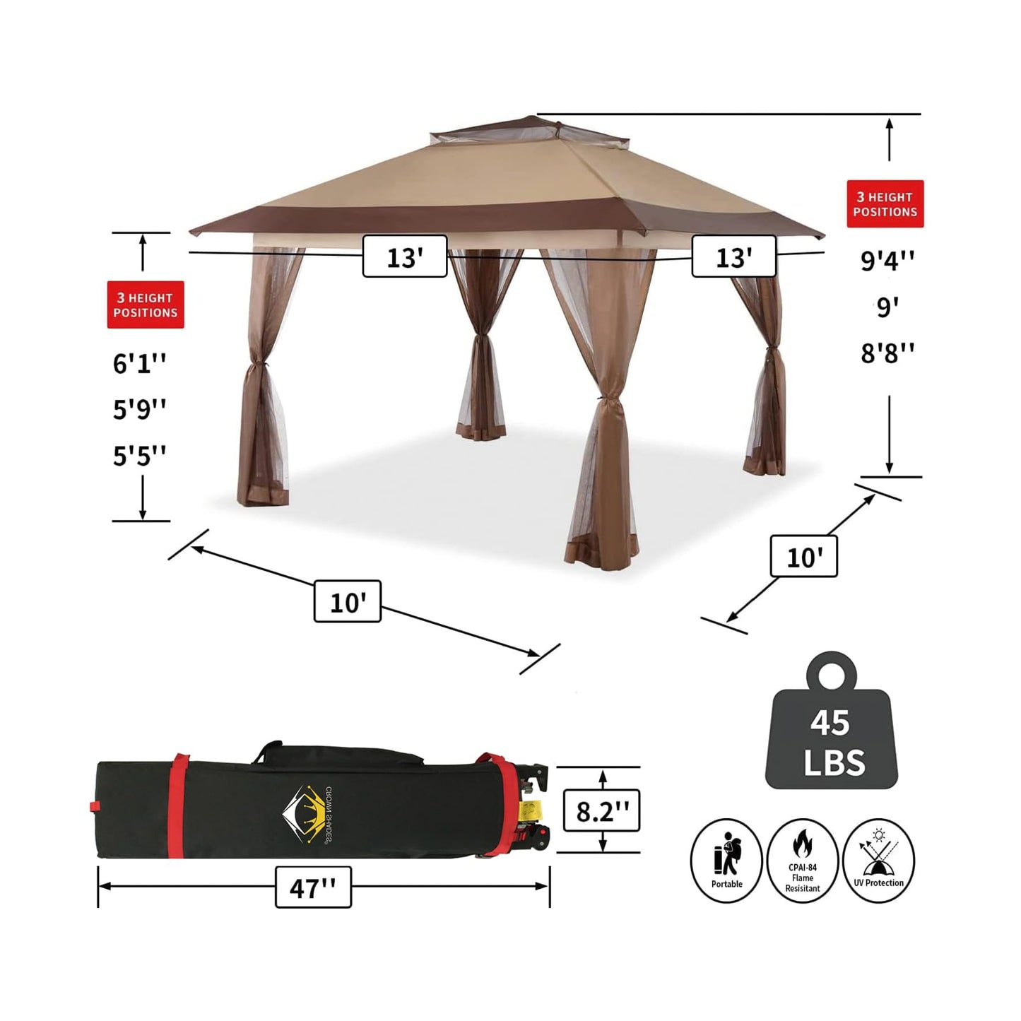 CROWN SHADES 13x13 Pop Up Gazebo, Patented One Push Outoor Canopy Tent with Wheeled STO-N-Go Cover Bag, Pop Up Canopy with Netting for Patio, Party, Backyard (13x13, Beige & Coffee)