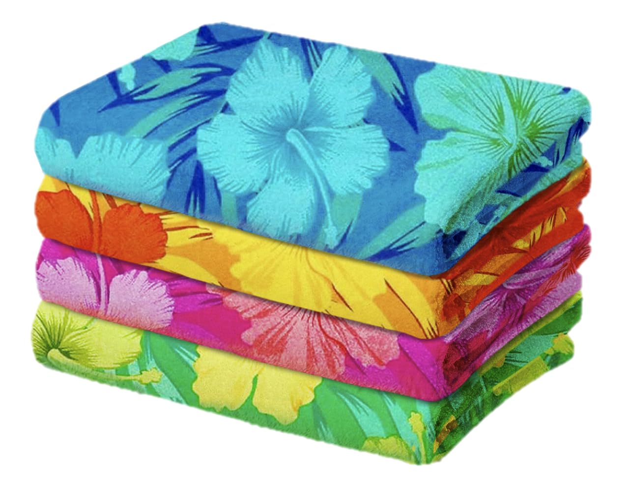 Kaufman - Colorful Hibiscus Beach Towels | 100% Cotton with Ends Hemmed | 30" x 60" | Colorful Soft & Absorbent Pool Towels for Adults and Kids | Fiber Reactive | 4 Pack