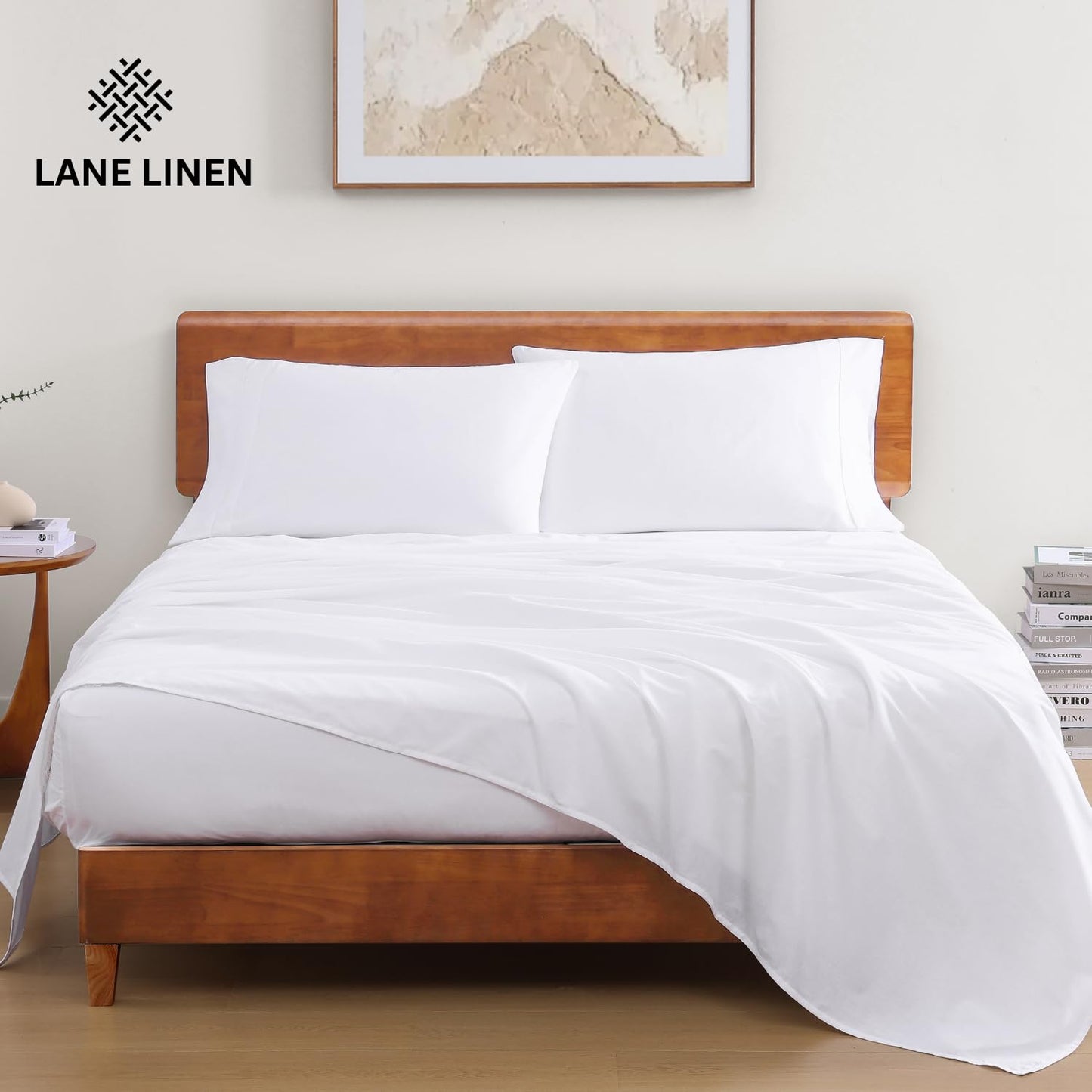 LANE LINEN 100% Organic Cotton Twin Sheets Set, 3Pc Twin Bed Sheets, Breathable Cotton Sheets Twin Size Bed Set, Dorm Room Essentials with 15" Twin Deep Pocket Fitted Sheet - White Sheets