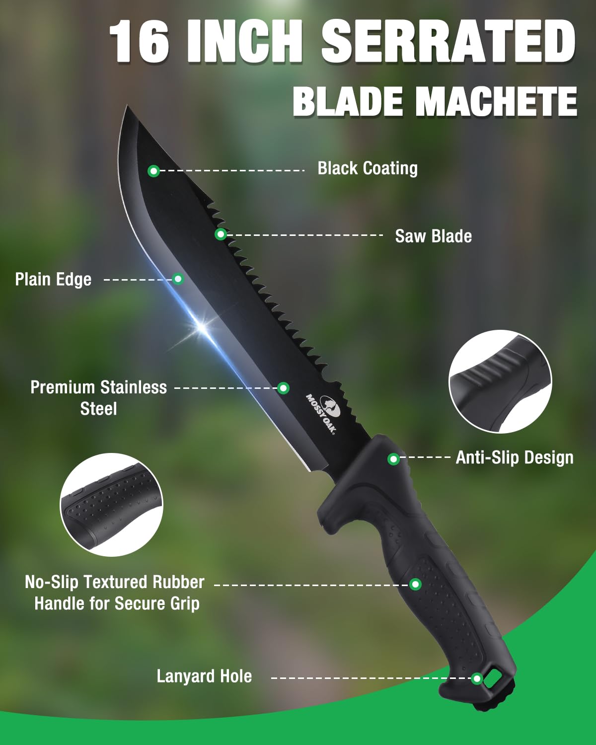 Mossy Oak Machete with Saw, 16" Sharp Machete with Sheath, Ergonomic No-Slip Handle, Machete for Bushcraft, Outdoor Hunting, Garden Cutting Small Trees and Yard Work, Good Merry