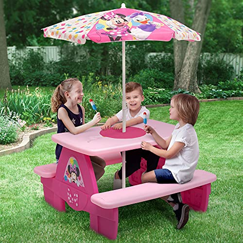 Delta Children 4 Seat Activity Picnic Table with Umbrella and Lego Compatible Tabletop, Minnie Mouse